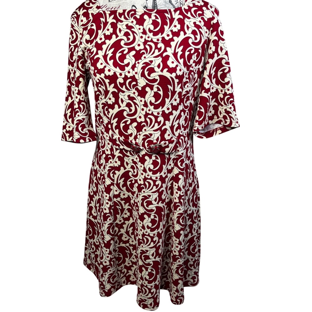 Aryeh Womens Red Cream Damask Scroll Print Boat Neck A-Line Dress Size Medium